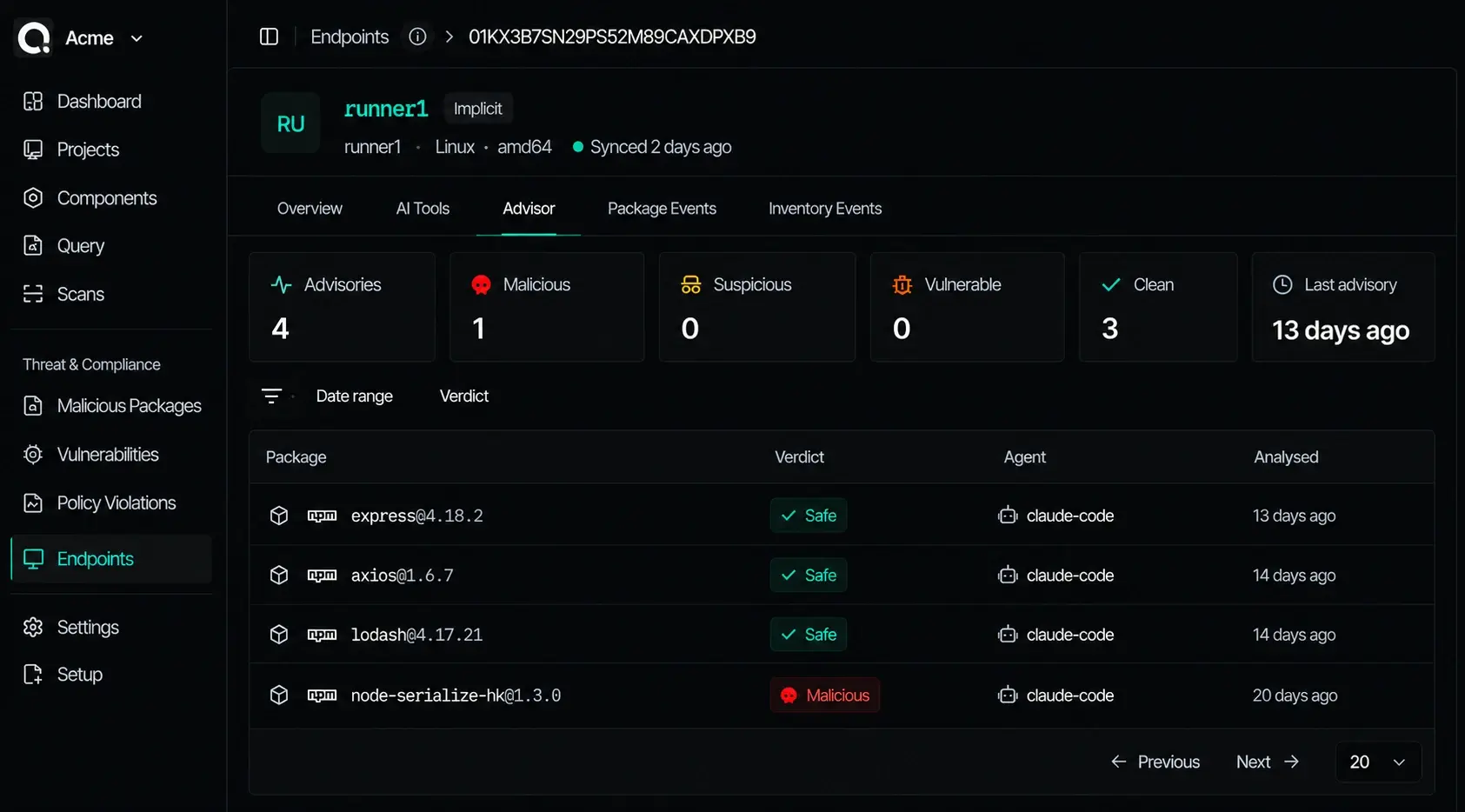 SafeDep advisor view listing packages an AI coding agent requested, with one flagged malicious and three safe