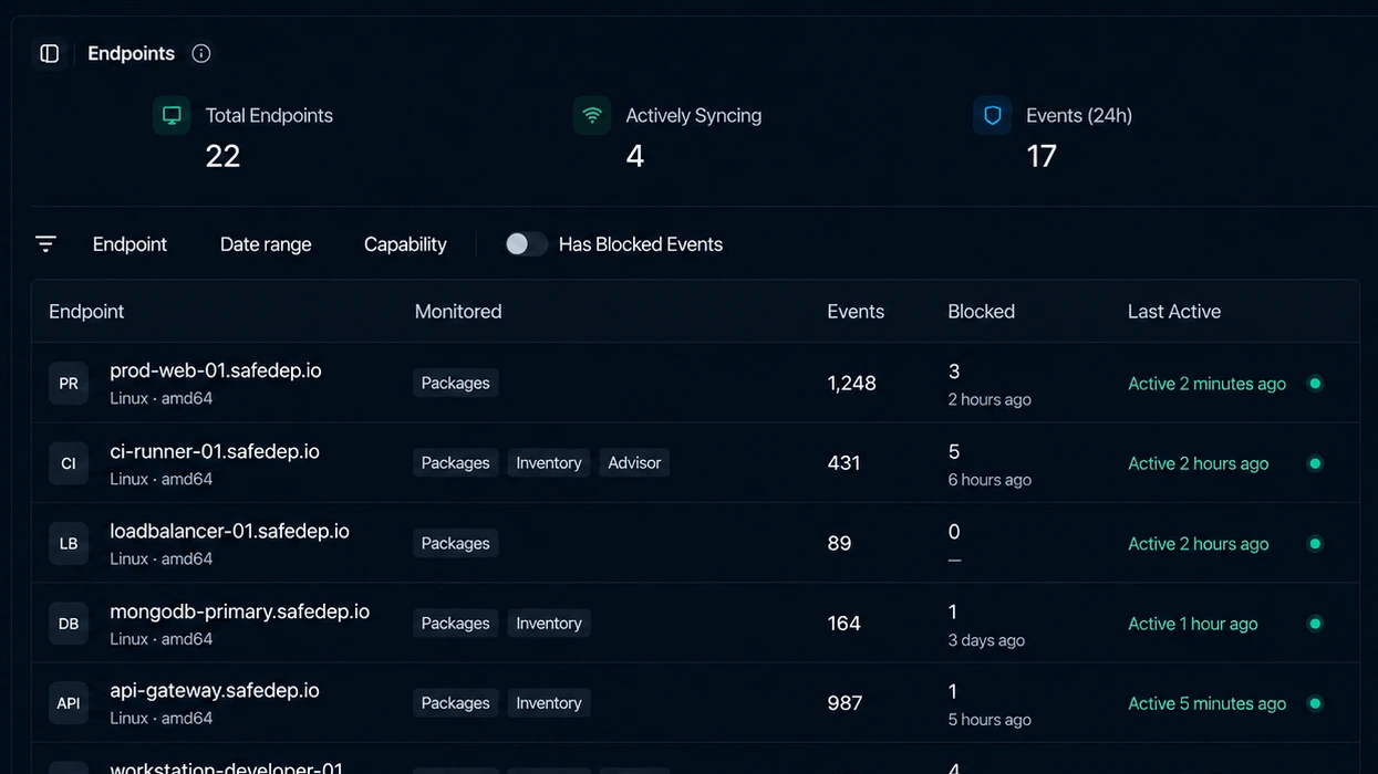 SafeDep endpoints view across 22 machines, with per-endpoint blocked counts and a live feed of blocked malicious packages