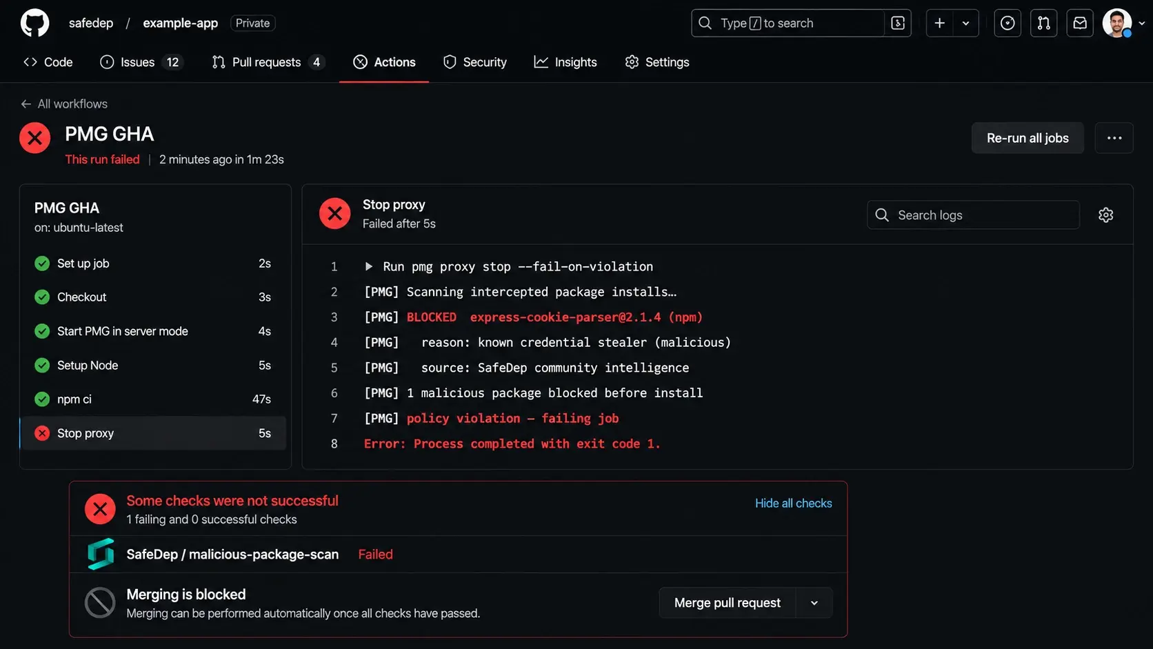 GitHub Actions run failing because SafeDep blocked a known credential stealer before it could install