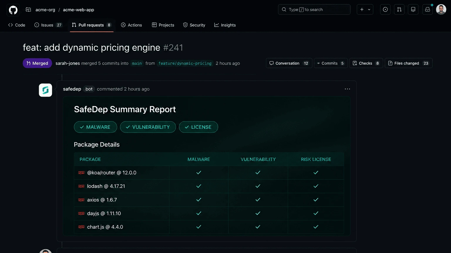 GitHub pull request with a SafeDep summary report passing malware, vulnerability and licence checks across five packages