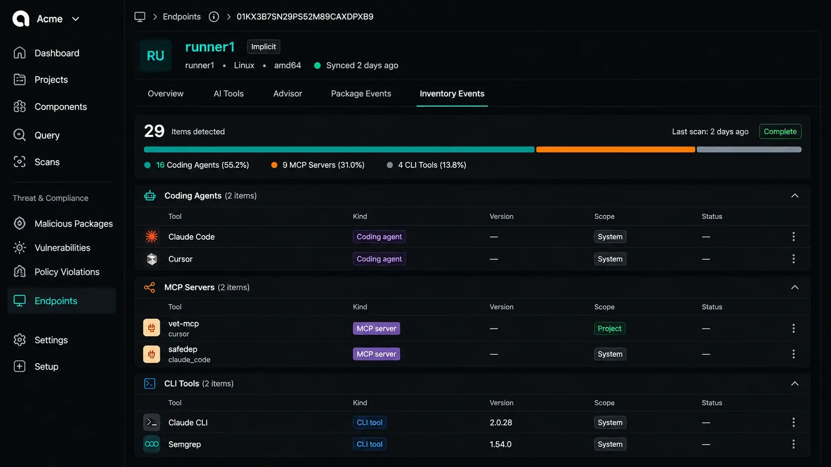 SafeDep inventory events showing 29 detected items across coding agents, MCP servers and CLI tools on one endpoint