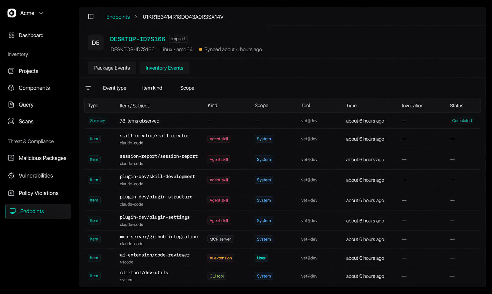Endpoint inventory showing discovered AI tools and MCP servers