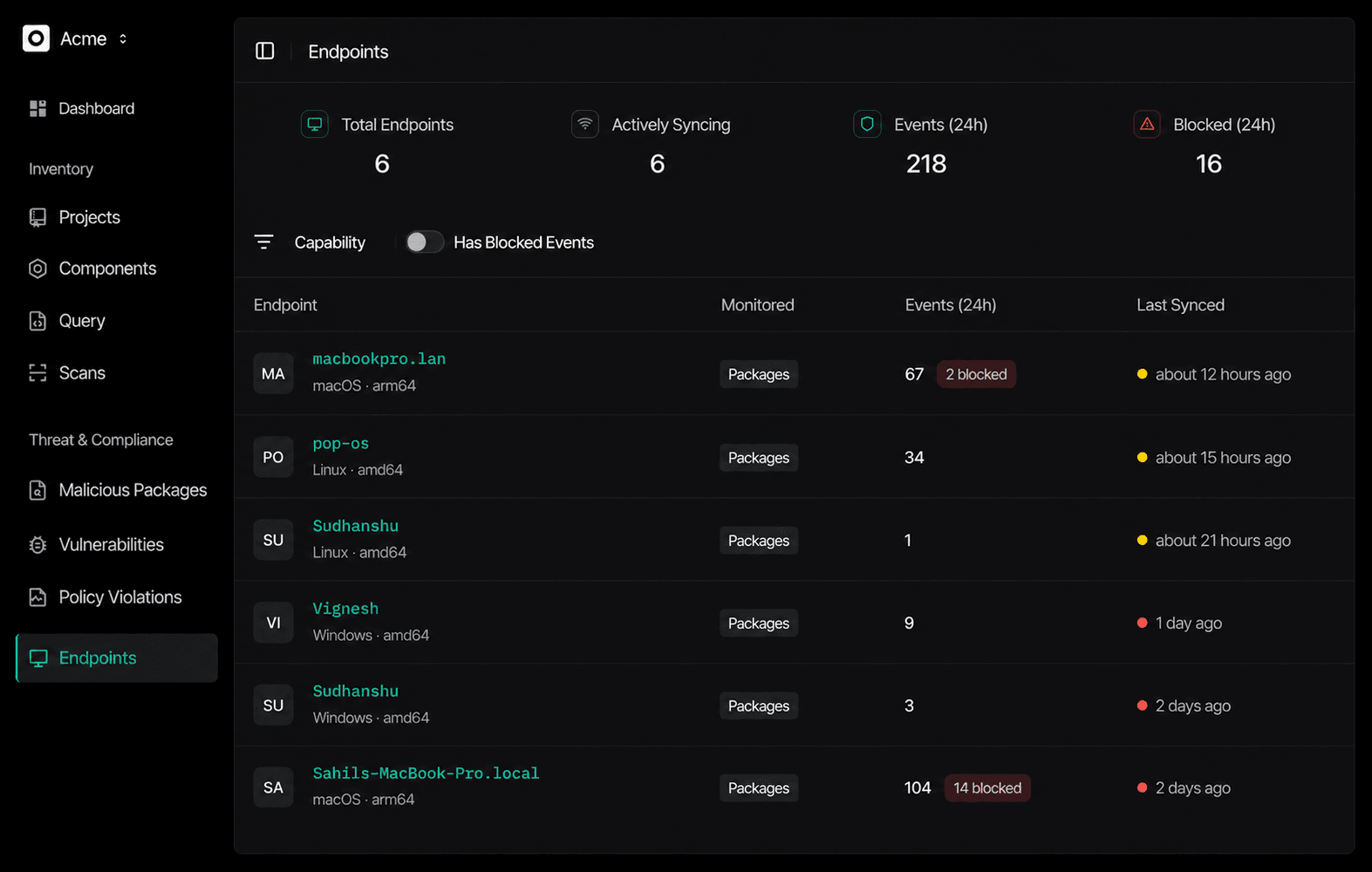Endpoint Hub list of synced endpoints in SafeDep Cloud