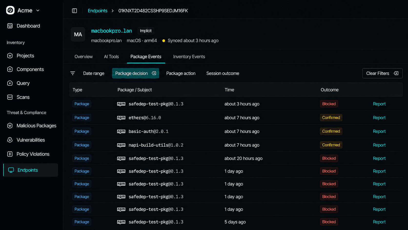 Per-endpoint package guard events timeline