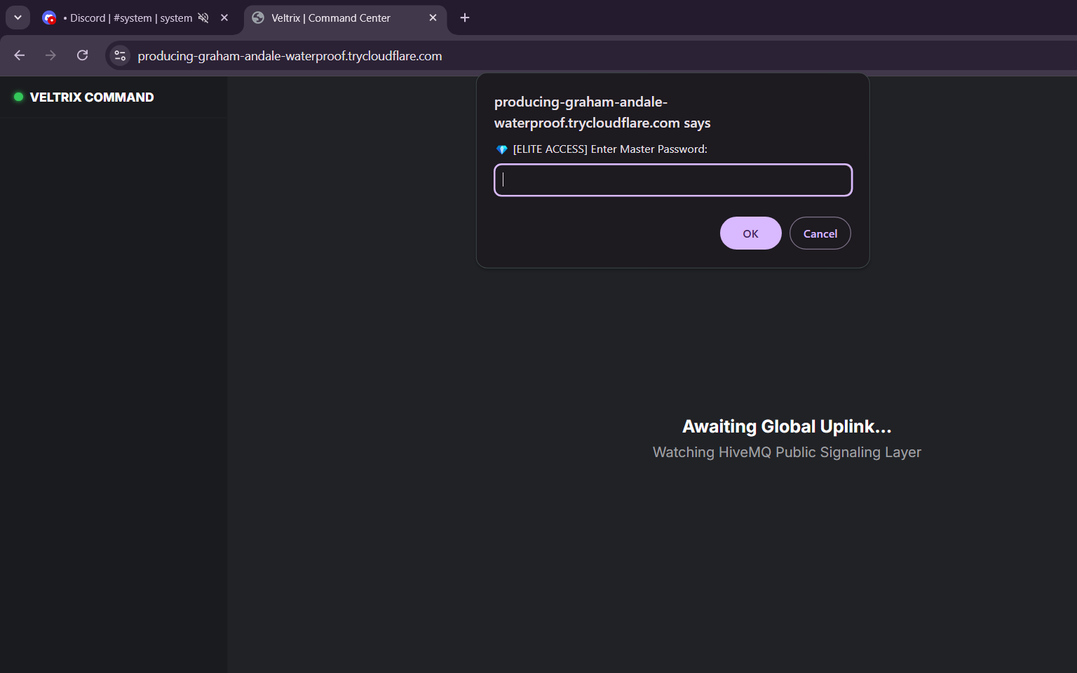 Veltrix Command Center login page served over a trycloudflare.com domain, prompting for the master password