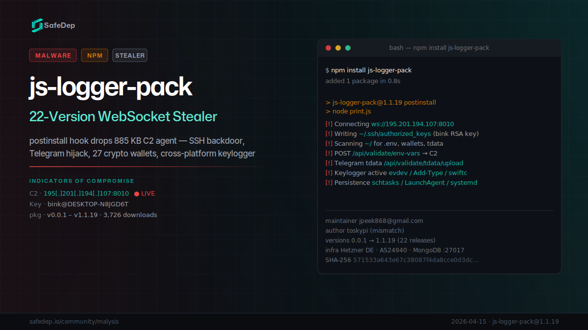 Malicious npm Package js-logger-pack Ships a Multi-Platform WebSocket Stealer
