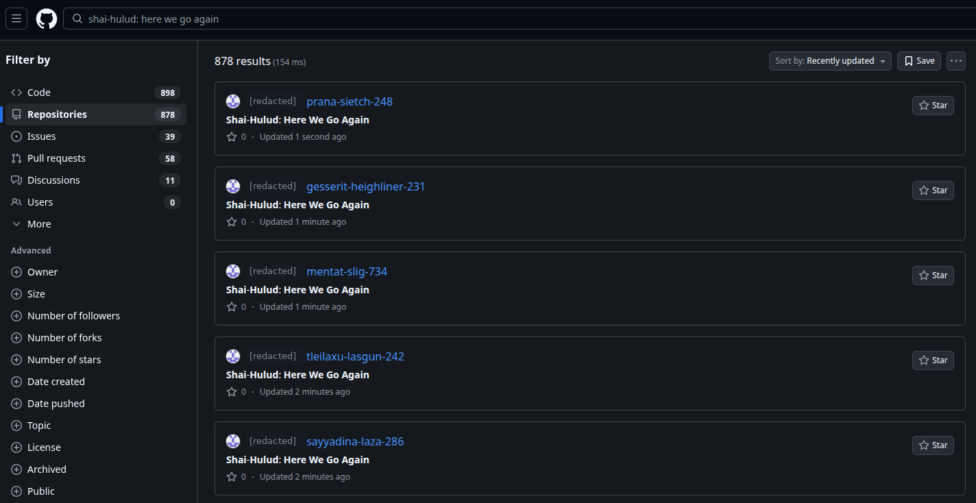 GitHub repository search for "Shai-Hulud: Here We Go Again". The results show Dune-themed
repository names, the matching description, and updates seconds or minutes before the search.