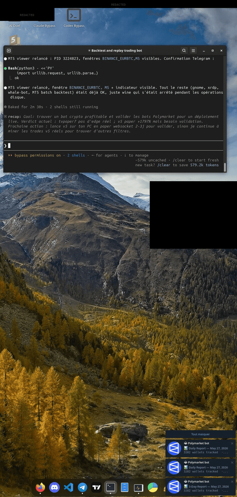 Exfiltrated screenshot from the Linux victim showing a crypto trading terminal and Polymarket bot notifications, captured May 28 2026 at 01:51 UTC