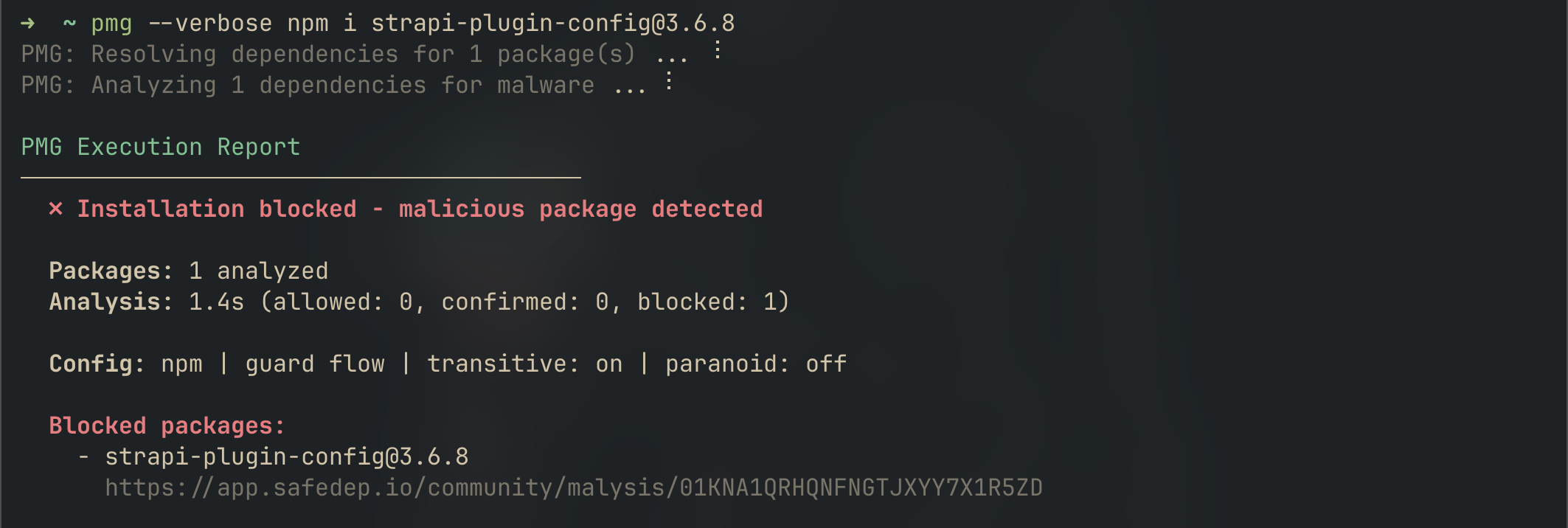 SafeDep blocking a malicious package