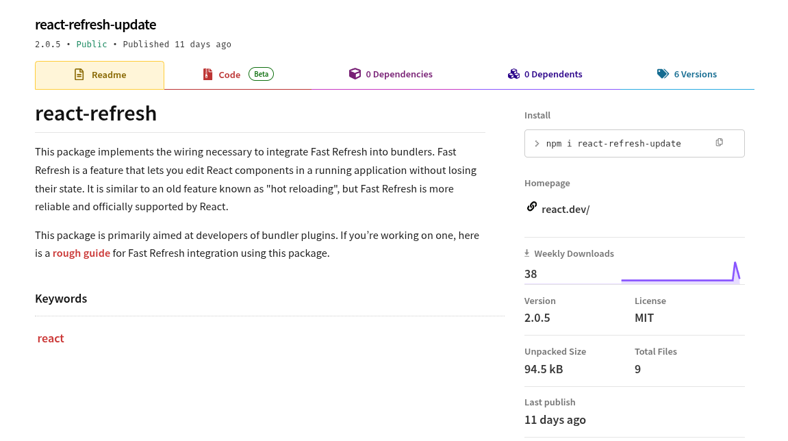 Malicious react-refresh-update package on npm