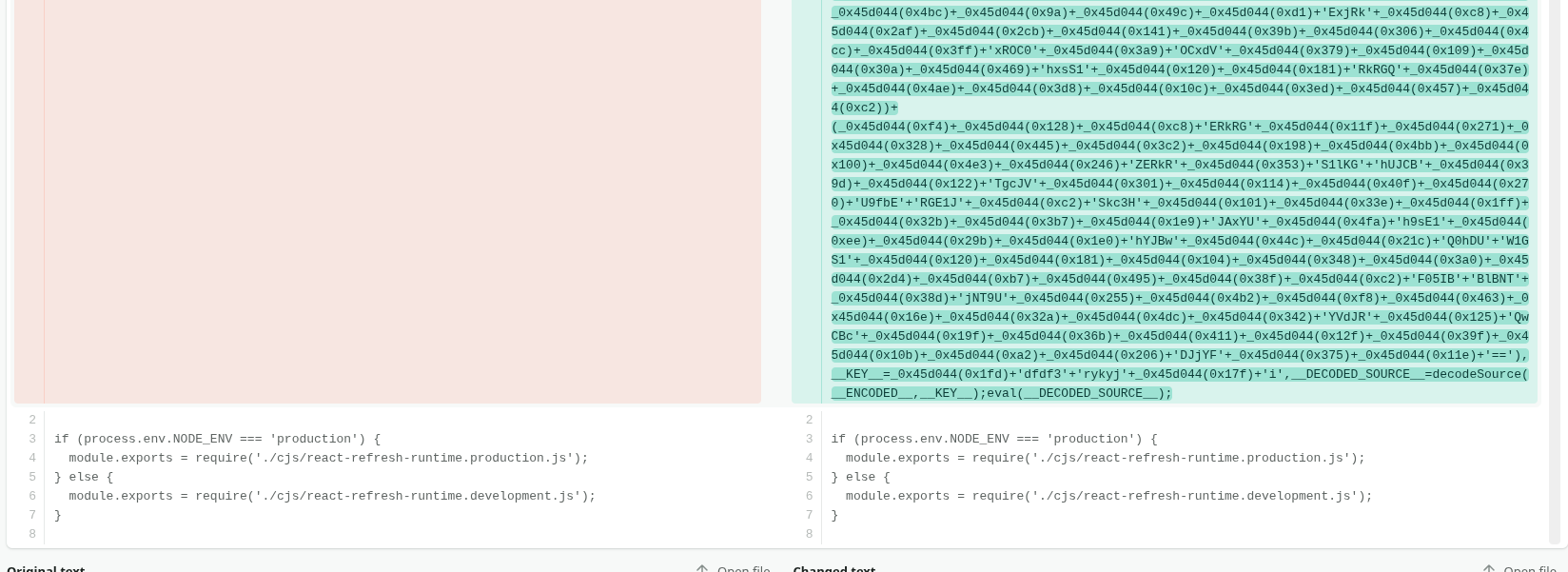 Diffchecker showing the obfuscated payload injected into runtime.js of react-refresh-update compared to the legitimate react-refresh runtime.js